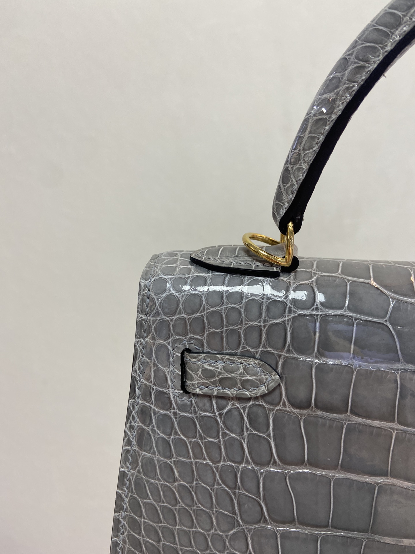 Hermes Kelly 25cm Handbag Shoulder Bag In Grey Etain Shiny Crocodile Niloticus Leather